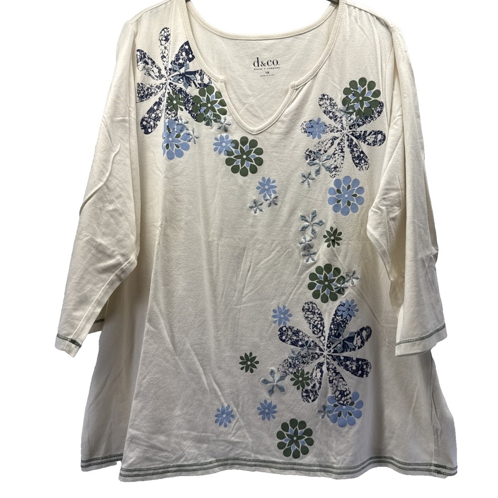 Denim & Co Women Top 1X Plus Blue Green Ivory Floral 3/4 Sleeve V Neck Pullover